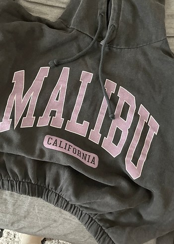 Gri Kapüşonlu MALIBU Baskılı Sweatshirt
