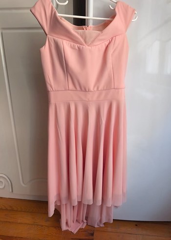 Pembe/Somon Midi Drapeli Kayık Yaka Abiye Elbise