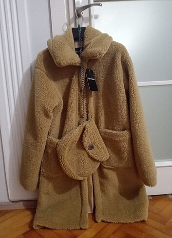 Kadın bej kaban mont peluş teddy