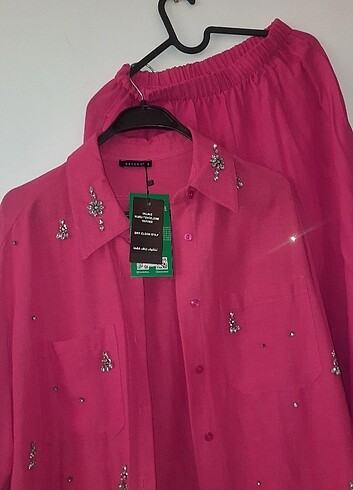 Zara Kadın pembe taşlı gömlek pantolon ikili takım