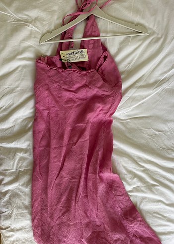 36 Beden Trendyolmilla Pembe %100 Keten Halter Yaka Uzun Elbise