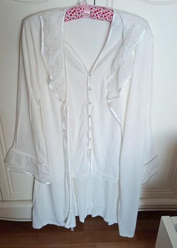 Beyaz Bohem Kolsuz sabahlikli Pijama Takımı - Görsel 6