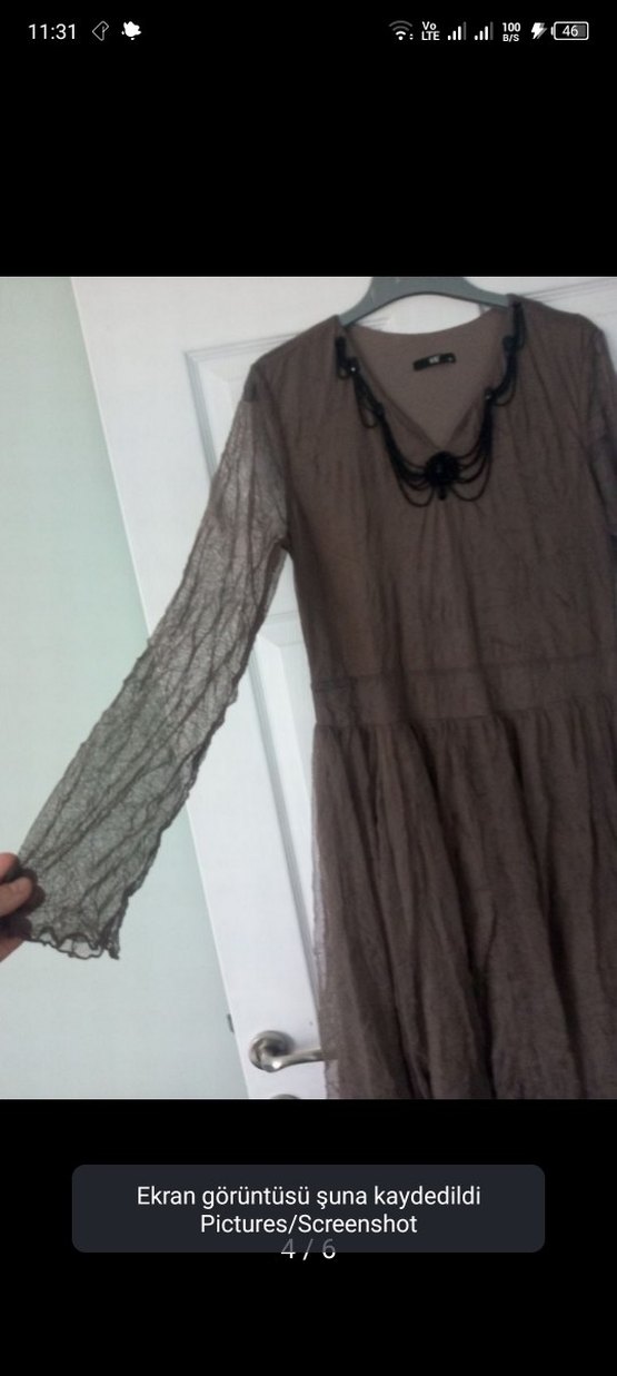 Uzun Kollu V Yaka Keten Uzun Elbise - Görsel 3