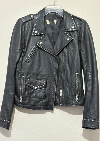 Tokalı Siyah Deri Biker Ceket