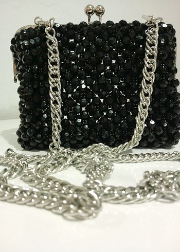 Siyah Boncuk İşlemeli Zincirli Kadın Çanta - Görsel 3