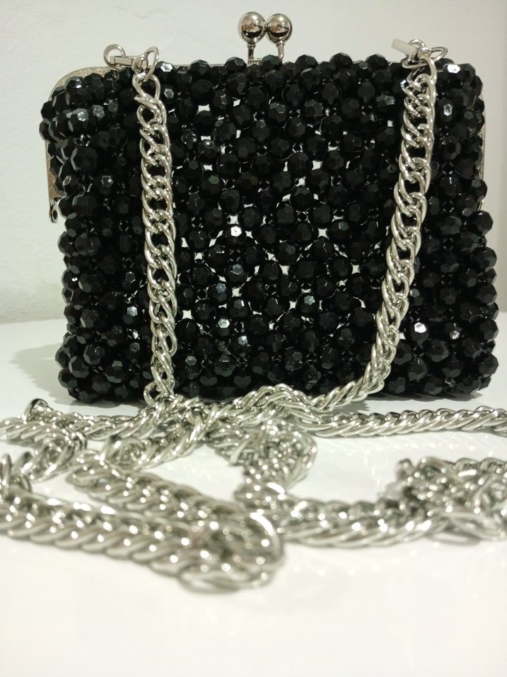 Siyah Boncuk İşlemeli Zincirli Kadın Çanta - Görsel 3