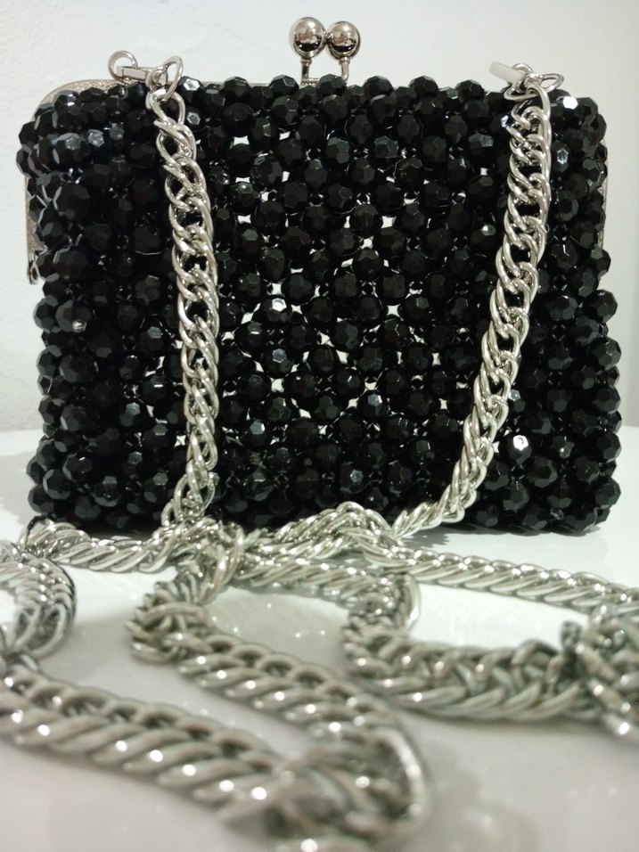 Siyah Boncuk İşlemeli Zincirli Kadın Çanta - Görsel 5