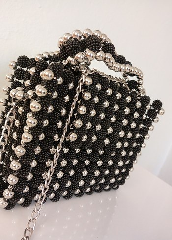 Boncuk İşlemeli Siyah Örgü Kadın Çanta - Görsel 2