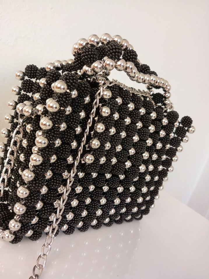 Boncuk İşlemeli Siyah Örgü Kadın Çanta - Görsel 2