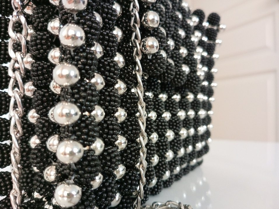 Boncuk İşlemeli Siyah Örgü Kadın Çanta - Görsel 4