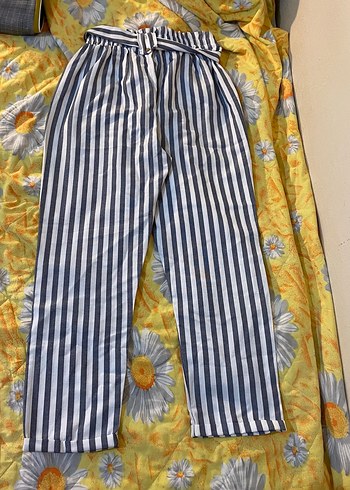 Çizgili Kuşaklı Midi Kadın Pantolon Koton - Görsel 3