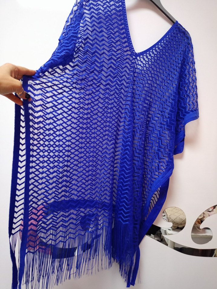 Kadın V Yaka Mavi Örgü Bohem Pareo - Görsel 2