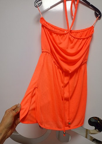 Turuncu Drapeli Mini Straplez Elbise - Görsel 10