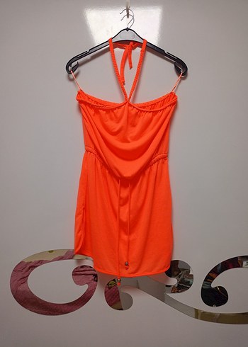 Turuncu Drapeli Mini Straplez Elbise - Görsel 6