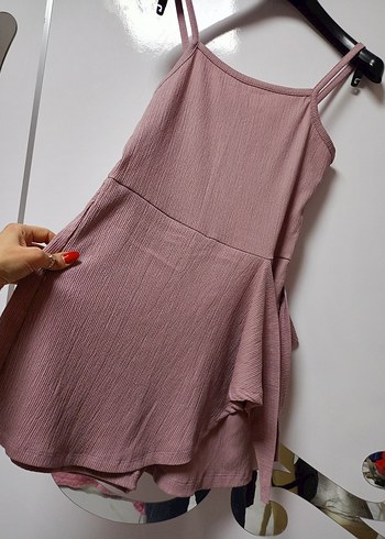 Pembe İnce Askılı şort etek tulum Elbise - Görsel 5