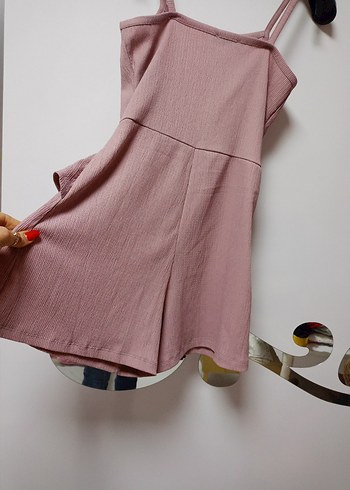 Pembe İnce Askılı şort etek tulum Elbise - Görsel 3