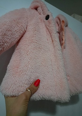 Kız Çocuk Pembe Kapüşonlu Kürklü Ceket - Görsel 3