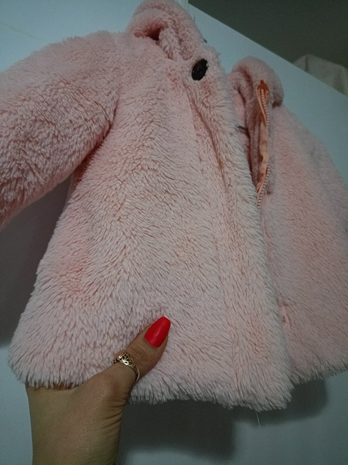 Kız Çocuk Pembe Kapüşonlu Kürklü Ceket - Görsel 3