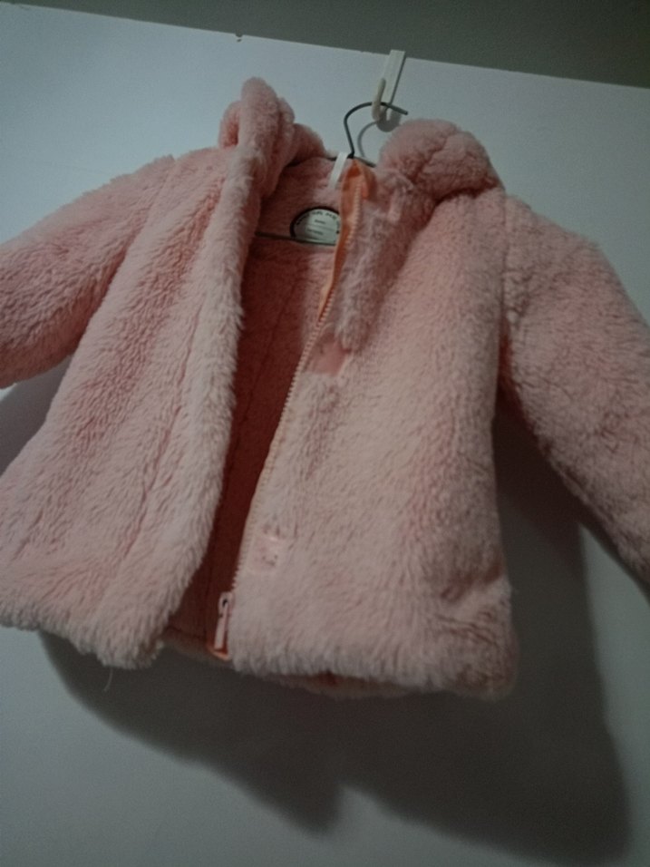 Kız Çocuk Pembe Kapüşonlu Kürklü Ceket - Görsel 2