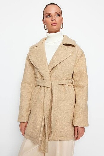TRENDYOLMİLLA Bej Oversize Kuşaklı Kaban