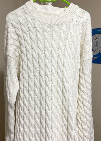 Beyaz Uzun Kollu Örgü Kadın Elbise - Görsel 4