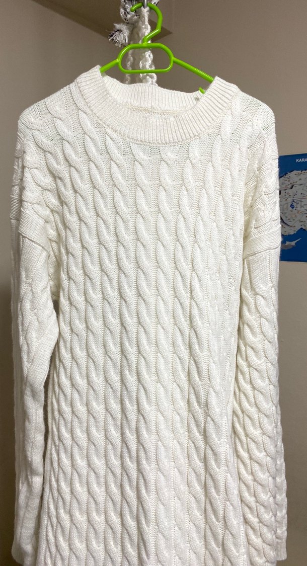 Beyaz Uzun Kollu Örgü Kadın Elbise - Görsel 4