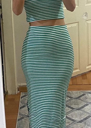 Turkuaz Çizgili Uzun Kadın Elbise - Görsel 2