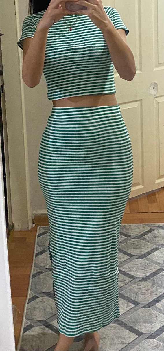 Turkuaz Çizgili Uzun Kadın Elbise - Görsel 2