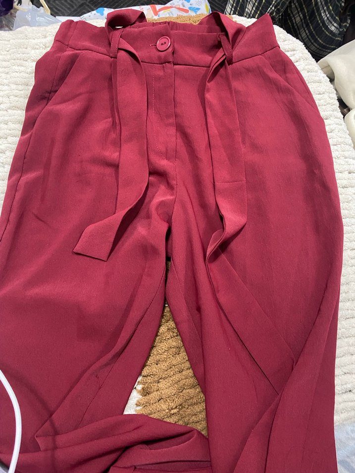 Bordo Düğmeli Nakışlı Kadın Kumaş Pantolon - Görsel 2