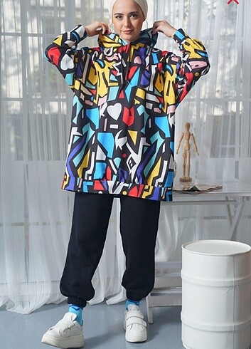 Oversize sweat desenli kapşonlu