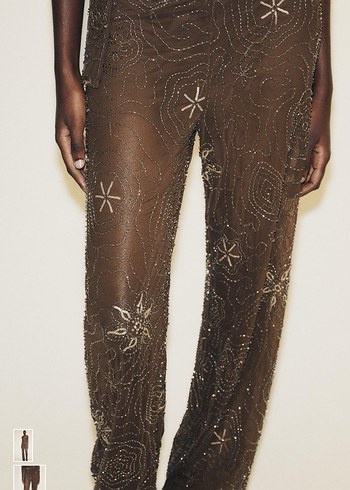 Zara Kahverengi İşlemeli Boncuklu Kadın pantolon - Görsel 2