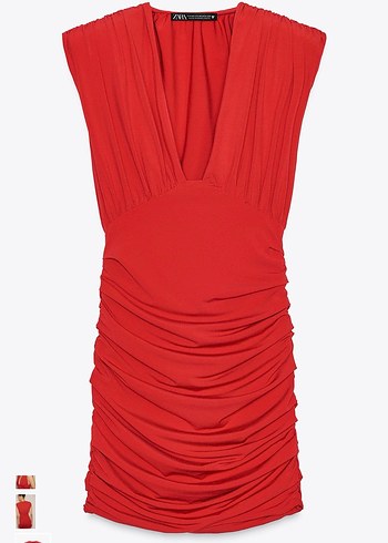 Zara Kırmızı V Yakalı Drapeli Elbise - Görsel 3