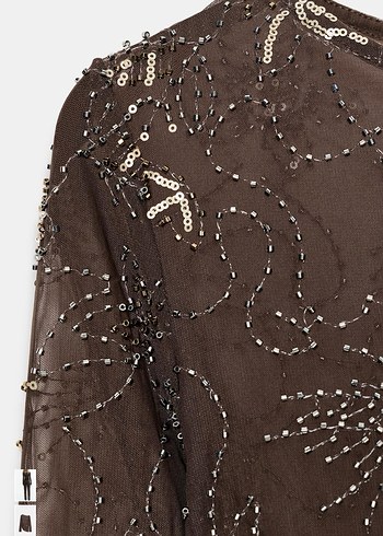 Zara Uzun Kollu Kahverengi Nakışlı Dantel Bluz - Görsel 2