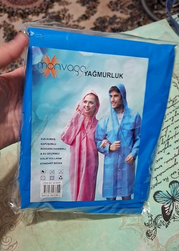 Diğer Kapüşonlu Mavi Baskılı Kadın Yağmurluk