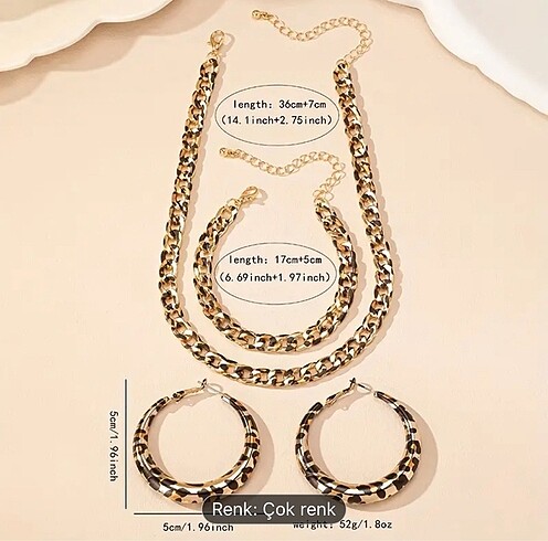 Beden çeşitli Renk 3 lü KÜPE KOLYE BİLEKLİK SET LEOPAR