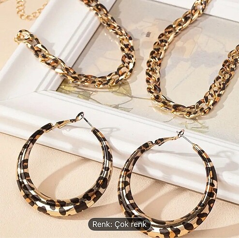 Diğer 3 lü KÜPE KOLYE BİLEKLİK SET LEOPAR