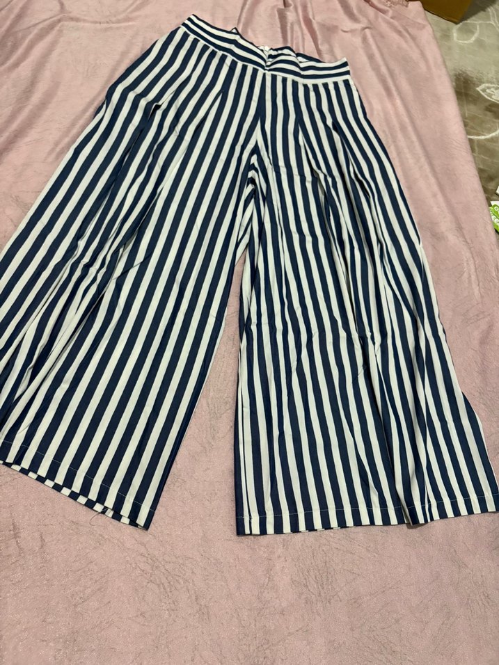 Mavi Çizgili Pilili Kadın Kumaş Pantolon - Görsel 4