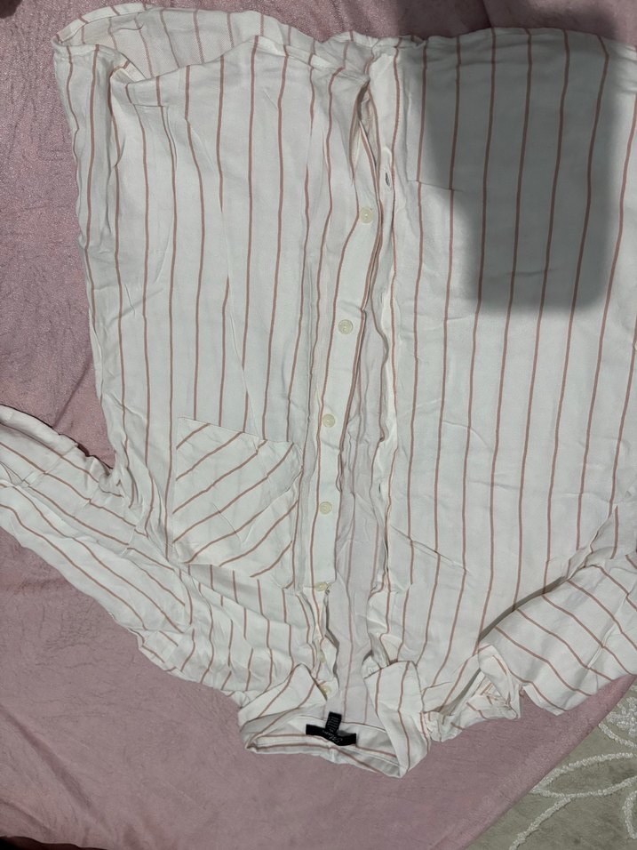 Bej Çizgili Uzun Kollu Kadın Gömlek - Görsel 4