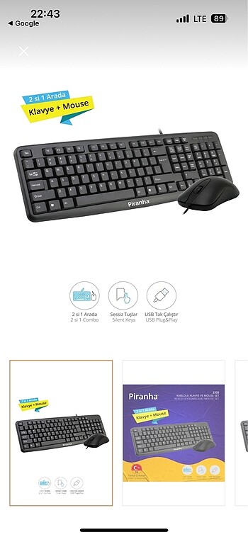 Piranha Piranha kablolu klavye mouse set