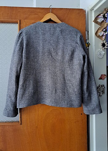 Gri Kısa Keten Kadın Ceket - Görsel 7