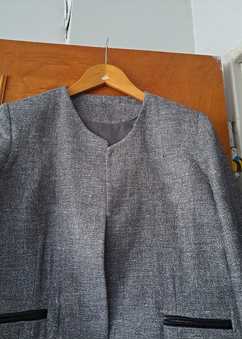 Gri Kısa Keten Kadın Ceket - Görsel 5