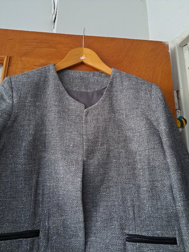 Gri Kısa Keten Kadın Ceket - Görsel 5