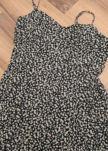 Siyah Çiçek Desenli Midi Strappy Elbise - Görsel 2