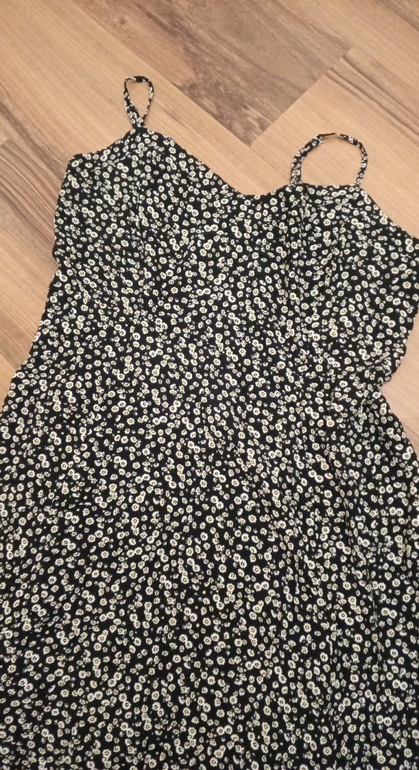 Siyah Çiçek Desenli Midi Strappy Elbise - Görsel 2