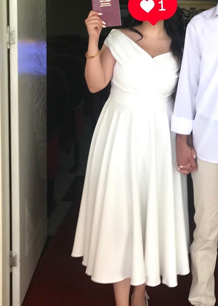 KAYIK YAKA BEYAZ PİLELİ MİDİ NİKAH ELBİSESİ - Görsel 2