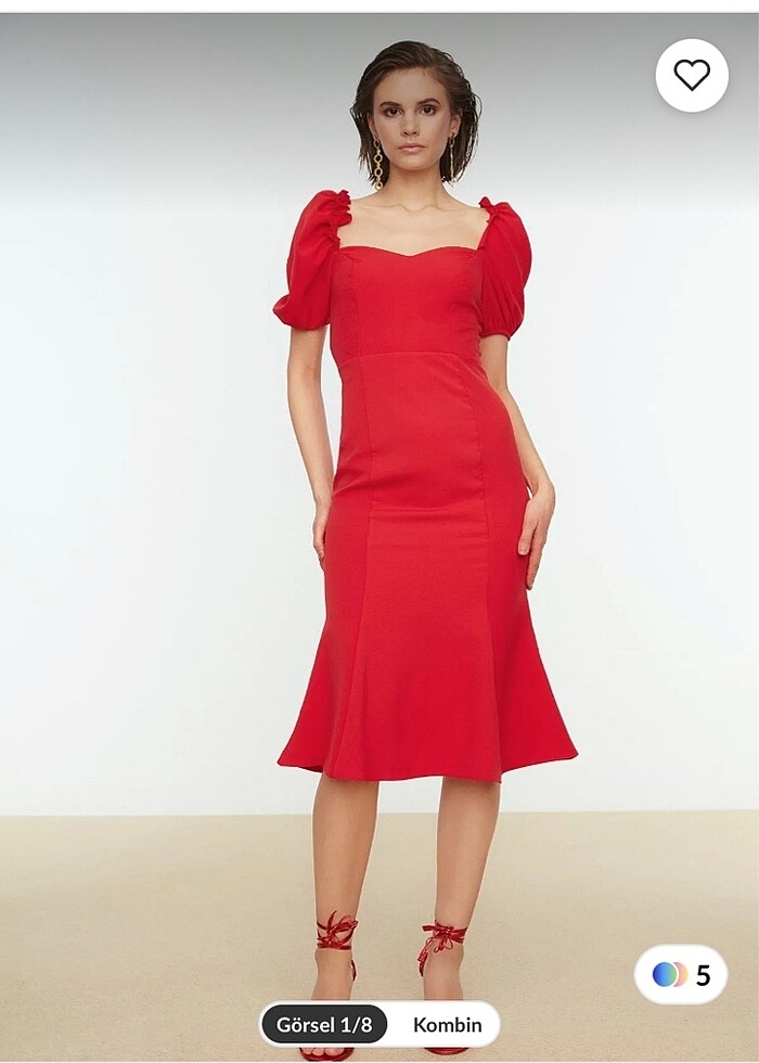 Trendyolmilla kalp yaka midi kırmızı elbise - Görsel 4