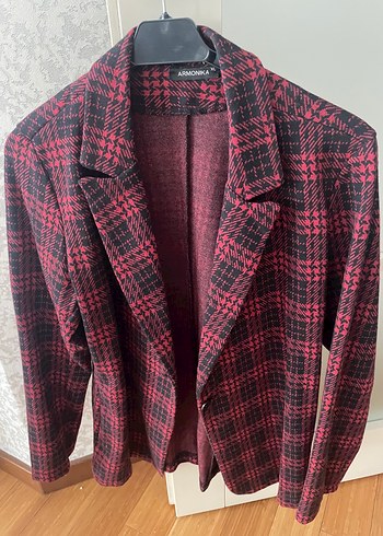 Bordo Ekose Desenli Kadın Blazer Ceket