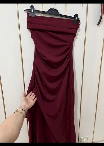 s Beden bordo Renk Mia Dora Bordo Yırtmaçlı Uzun Straplez Kadın Elbise