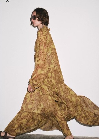 Bohem Renkli Uzun Kollu Fırfırlı Elbise - Görsel 5