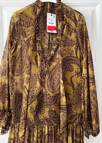 Bohem Renkli Uzun Kollu Fırfırlı Elbise - Görsel 2